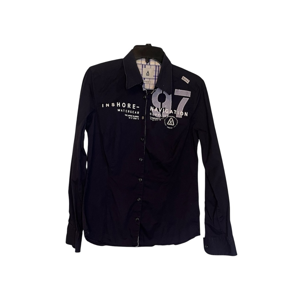 Gaastra Nautical Graphic Button Up Navy Navigation Supplies Sz L Sailing Maritim